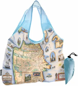 San Francisco City Map Pouch Tote with Handles – Reusable, Eco-Friendly Grocery Shopping Bag – Foldable, Heavy-Duty Nylon, 18" x 25"