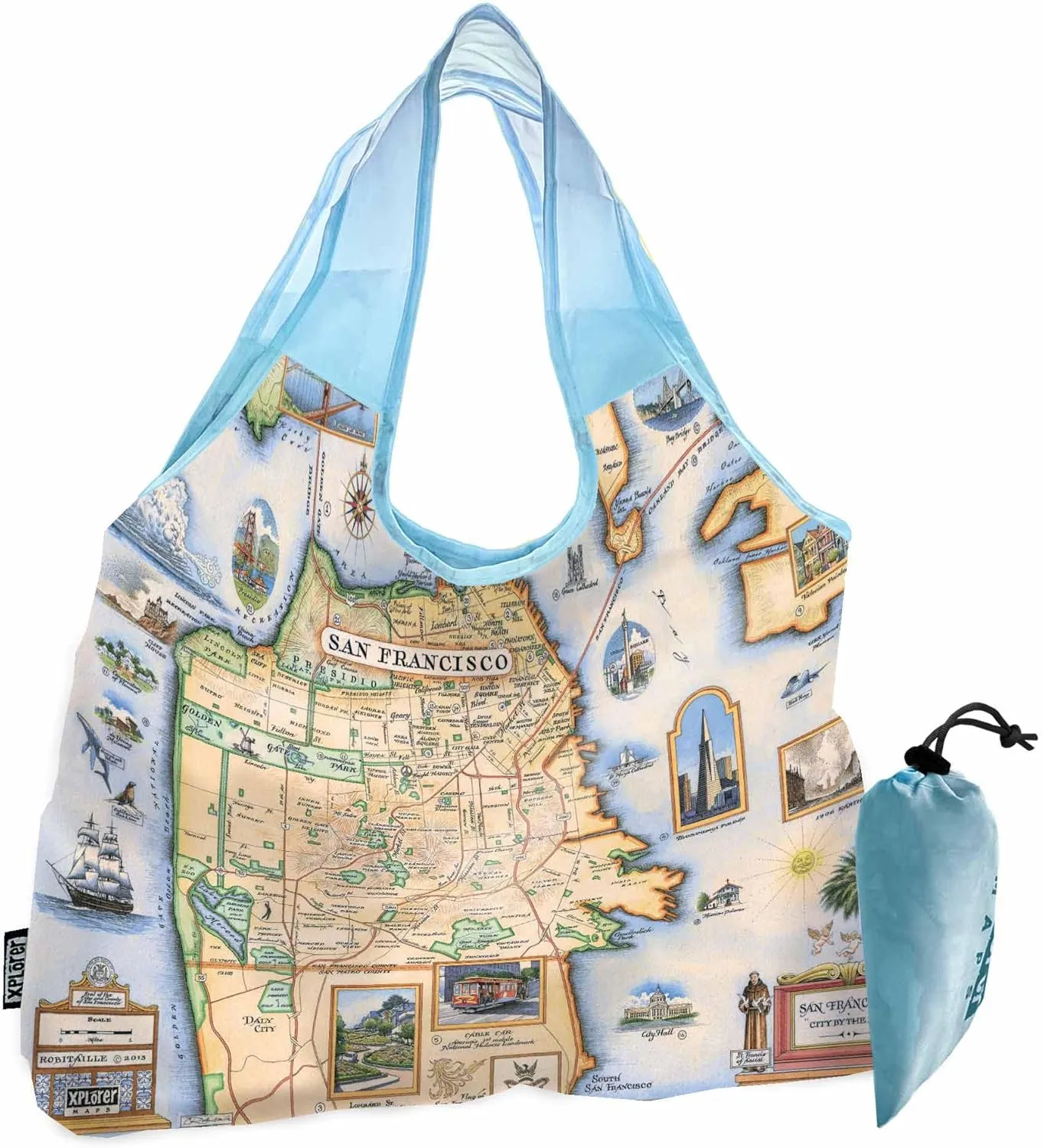 San Francisco City Map Pouch Tote with Handles – Reusable, Eco-Friendly Grocery Shopping Bag – Foldable, Heavy-Duty Nylon, 18" x 25"