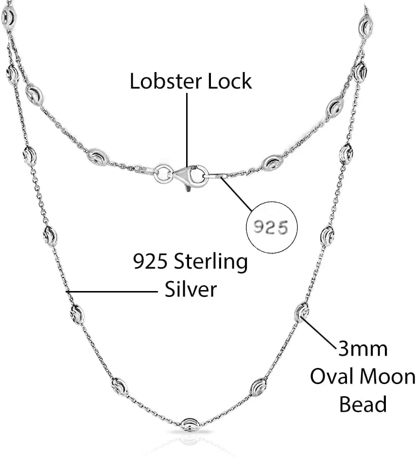 Savlano 18K Gold Plated Over 925 Sterling Silver Station Oval Moon Bead Necklace Chain For Women. Silver, Gold, Rose Gold - Made in Italy Comes With a Gift Box
