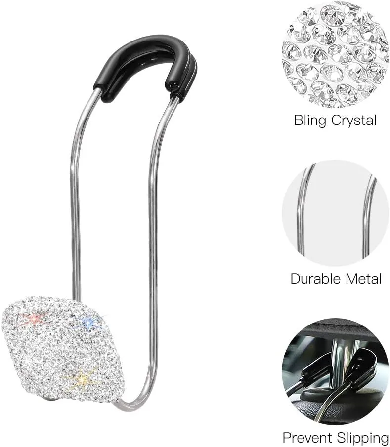 SAVORI Car Headrest Hooks Bling Car Accessories Rhinestones Universal Auto Back Seat Headrest Metal Hanger Organizer Vehicle Holder for Bag Purse Clothes Grocery 2PCS (White)