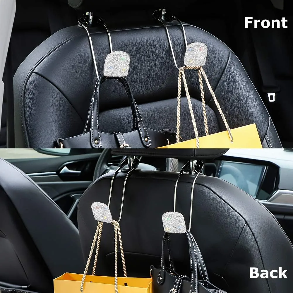 SAVORI Car Headrest Hooks Bling Car Accessories Rhinestones Universal Auto Back Seat Headrest Metal Hanger Organizer Vehicle Holder for Bag Purse Clothes Grocery 2PCS (White)