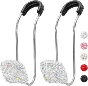 SAVORI Car Headrest Hooks Bling Car Accessories Rhinestones Universal Auto Back Seat Headrest Metal Hanger Organizer Vehicle Holder for Bag Purse Clothes Grocery 2PCS (White)