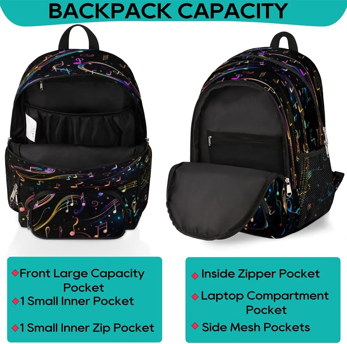 School Backpack for Boys Girls, Colorful Music Note Elementary School Bags Musical Notes Lightweight Bookbag Laptop Backpack Casual Daypack Rucksack for Kids Teens