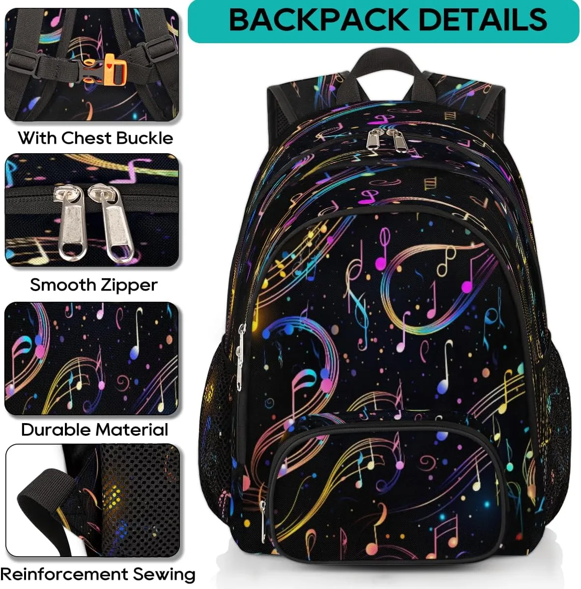 School Backpack for Boys Girls, Colorful Music Note Elementary School Bags Musical Notes Lightweight Bookbag Laptop Backpack Casual Daypack Rucksack for Kids Teens