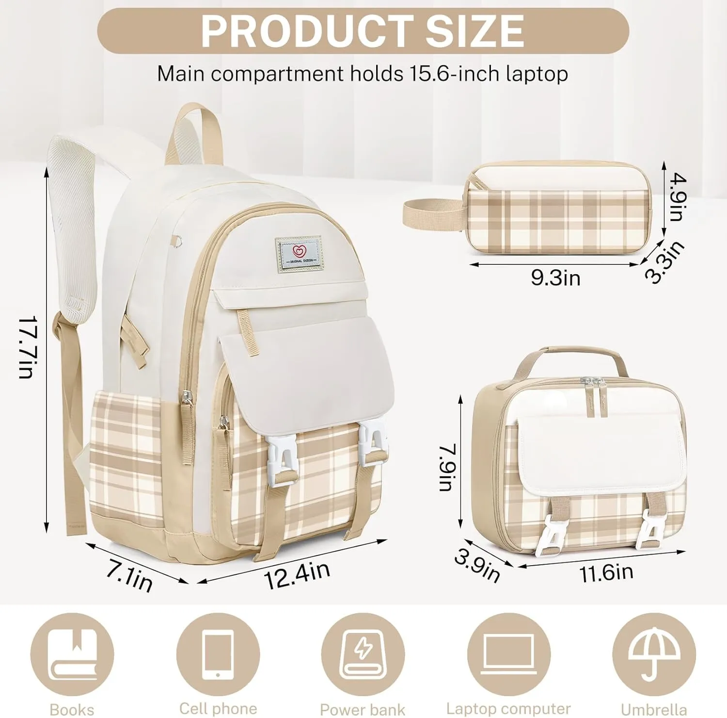 School Backpack for Girls - 4PCS Cute Girls Backpack with Lunch Box Set for Teens Women College, Middle & High School Bookbag Daypack with Aesthetic Design - 18″ Large Capacity (Age 12-25)