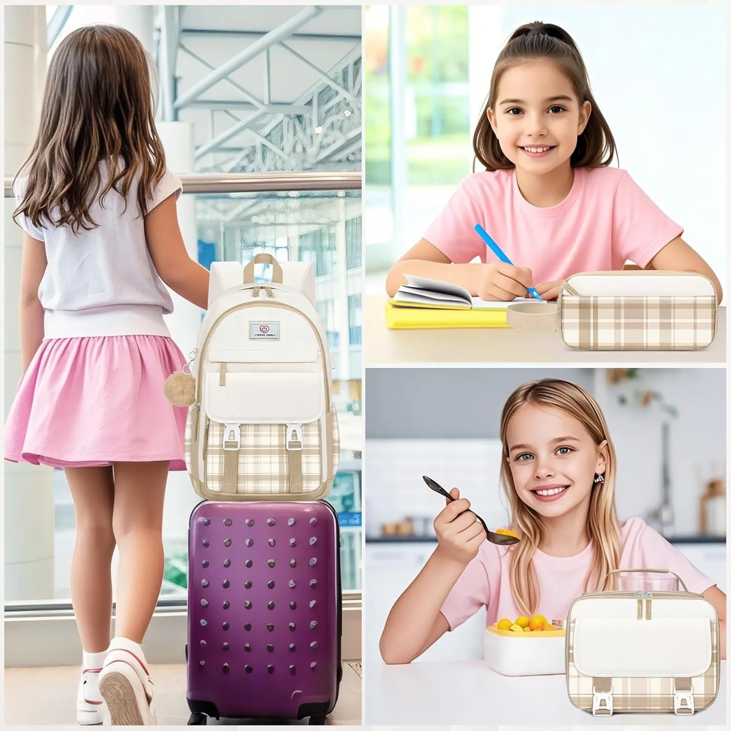 School Backpack for Girls - 4PCS Cute Girls Backpack with Lunch Box Set for Teens Women College, Middle & High School Bookbag Daypack with Aesthetic Design - 18″ Large Capacity (Age 12-25)