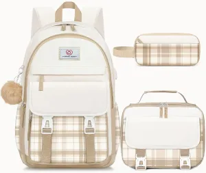 School Backpack for Girls - 4PCS Cute Girls Backpack with Lunch Box Set for Teens Women College, Middle & High School Bookbag Daypack with Aesthetic Design - 18″ Large Capacity (Age 12-25)