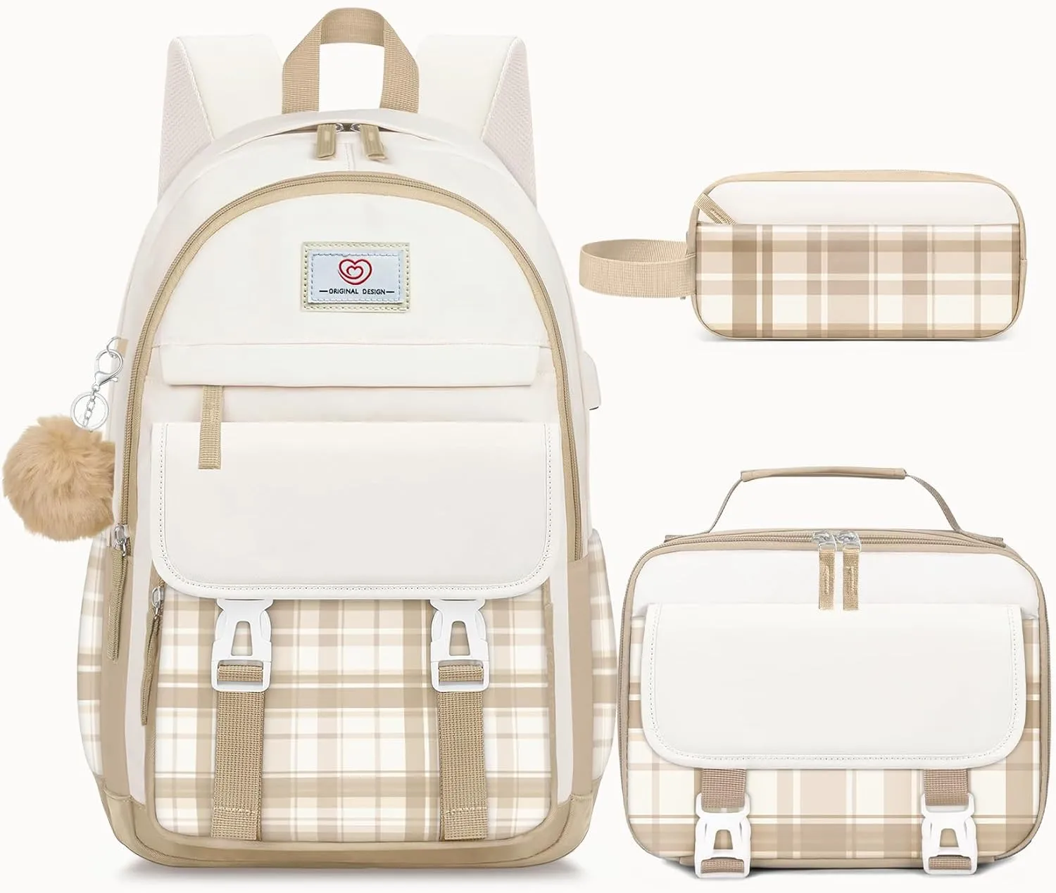 School Backpack for Girls - 4PCS Cute Girls Backpack with Lunch Box Set for Teens Women College, Middle & High School Bookbag Daypack with Aesthetic Design - 18″ Large Capacity (Age 12-25)