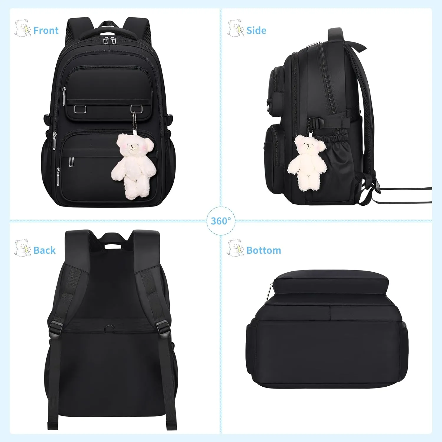 School Backpack for Kids Girls Cute Travel Backapck for College Women Men Casual Laptop Bookbag for Teen Student(Black)
