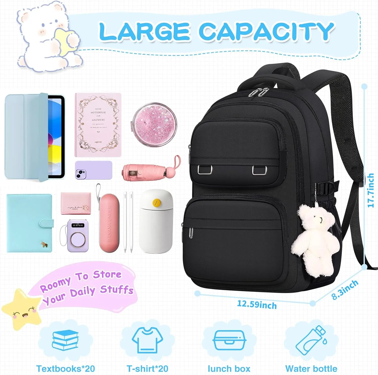 School Backpack for Kids Girls Cute Travel Backapck for College Women Men Casual Laptop Bookbag for Teen Student(Black)