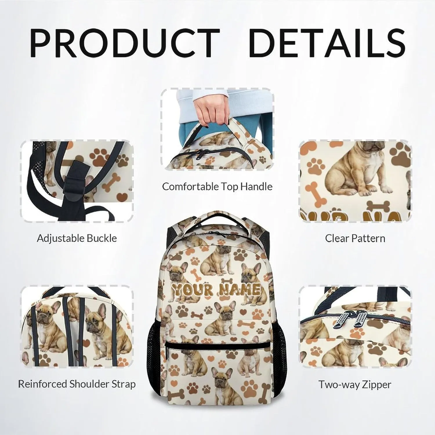 School Backpack for Kids, Personalization Cute Bulldogs Backpack for School Travel, 17 Inch Custom Dog Bookbag for Boys Girls