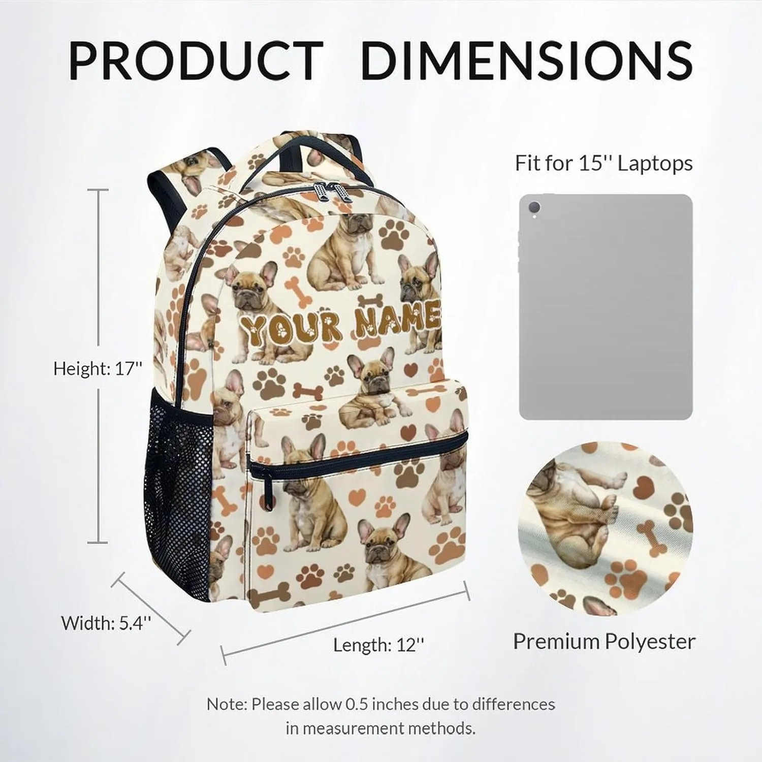 School Backpack for Kids, Personalization Cute Bulldogs Backpack for School Travel, 17 Inch Custom Dog Bookbag for Boys Girls