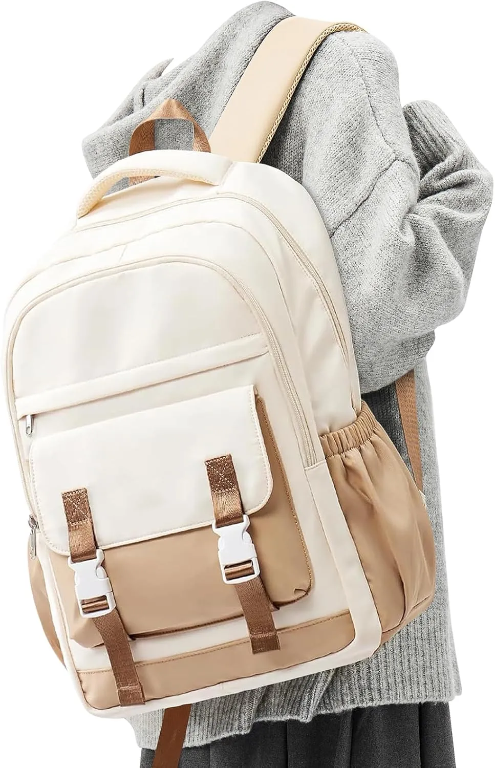 School Backpack For Women Men College Backpack With Lots Of Pockets Cute BookBag Casual Daypack Backpacks For Teens Girls Boys Waterproof(Beige)