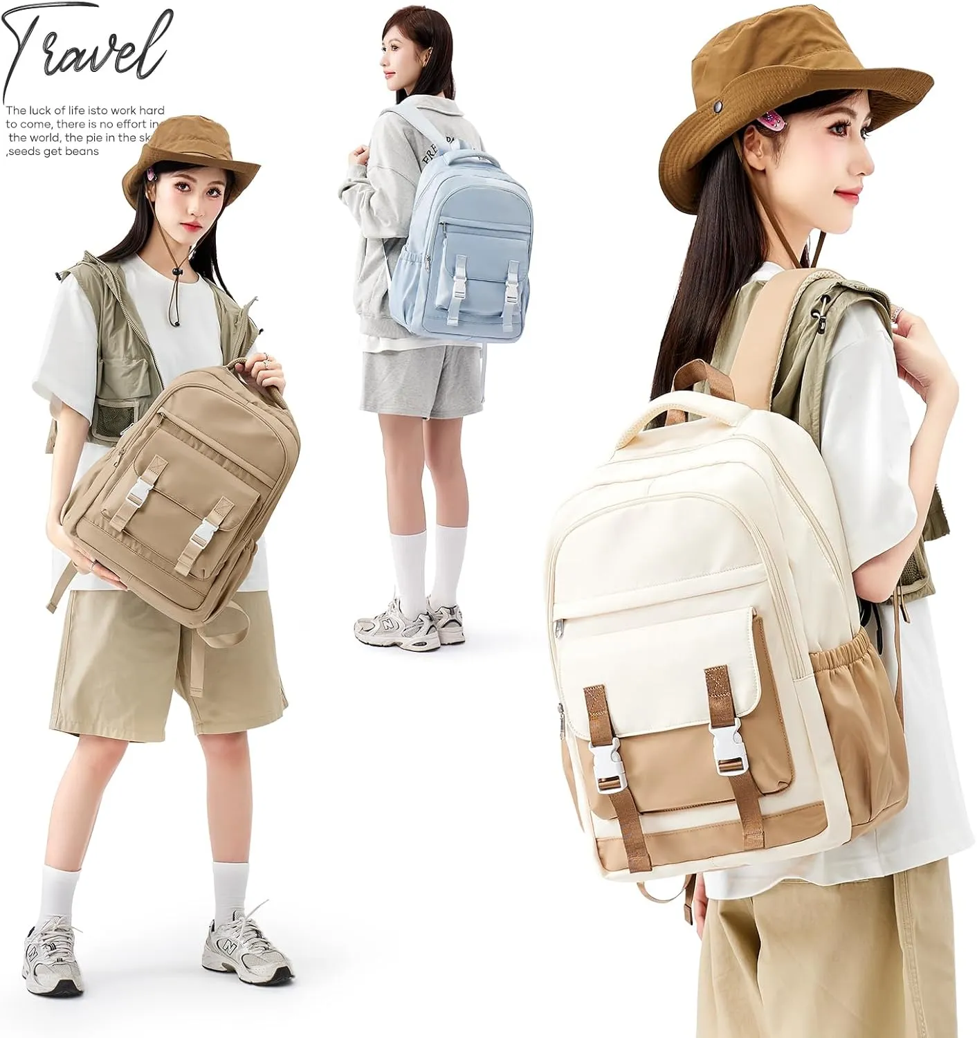 School Backpack For Women Men College Backpack With Lots Of Pockets Cute BookBag Casual Daypack Backpacks For Teens Girls Boys Waterproof(Beige)
