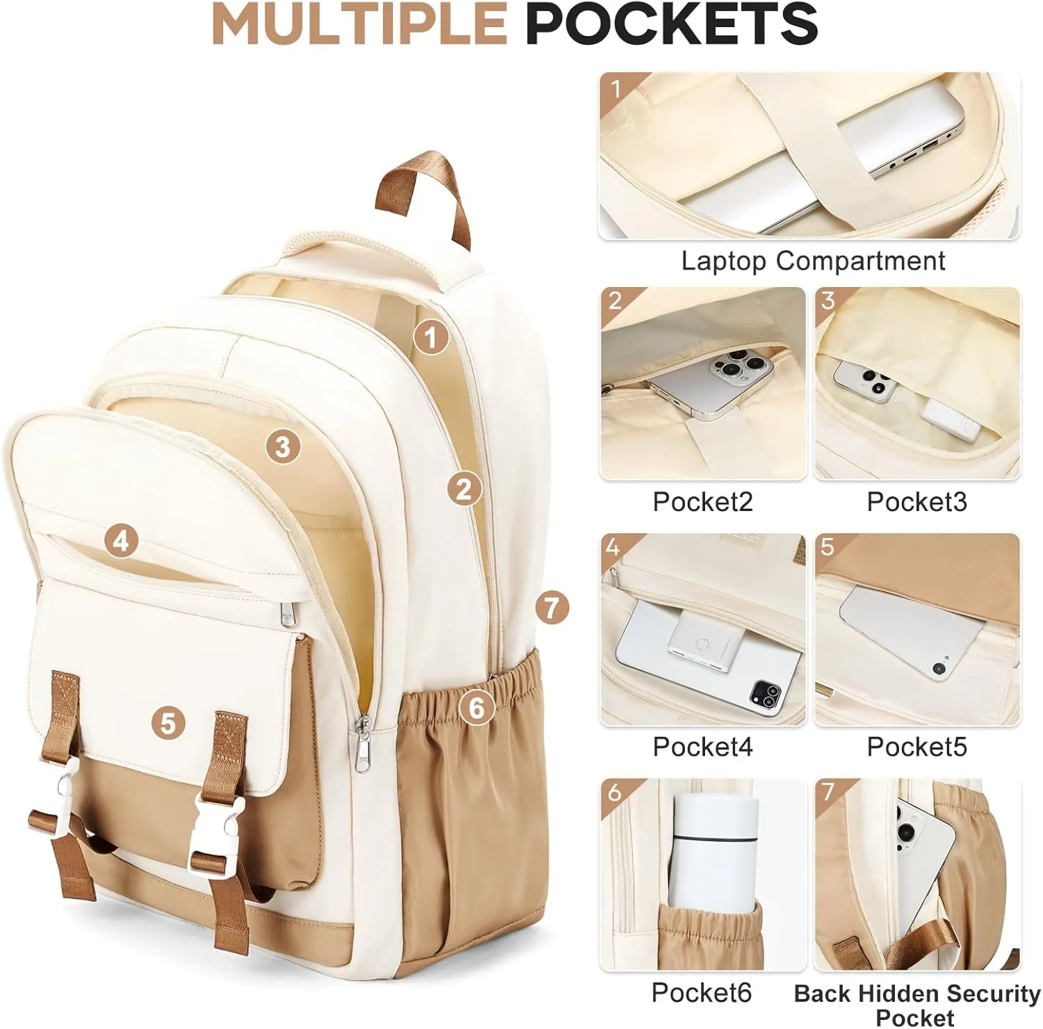 School Backpack For Women Men College Backpack With Lots Of Pockets Cute BookBag Casual Daypack Backpacks For Teens Girls Boys Waterproof(Beige)