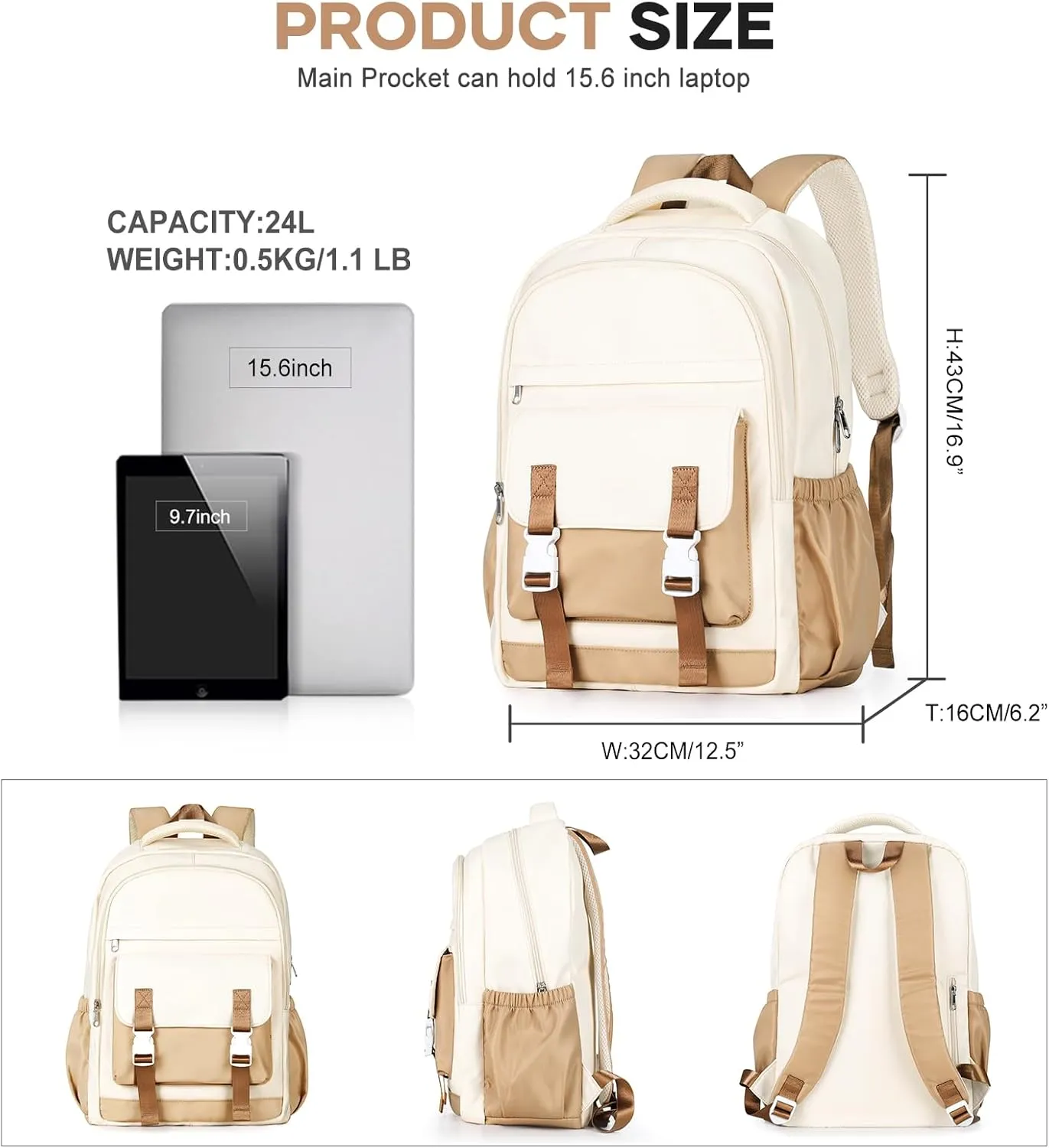 School Backpack For Women Men College Backpack With Lots Of Pockets Cute BookBag Casual Daypack Backpacks For Teens Girls Boys Waterproof(Beige)
