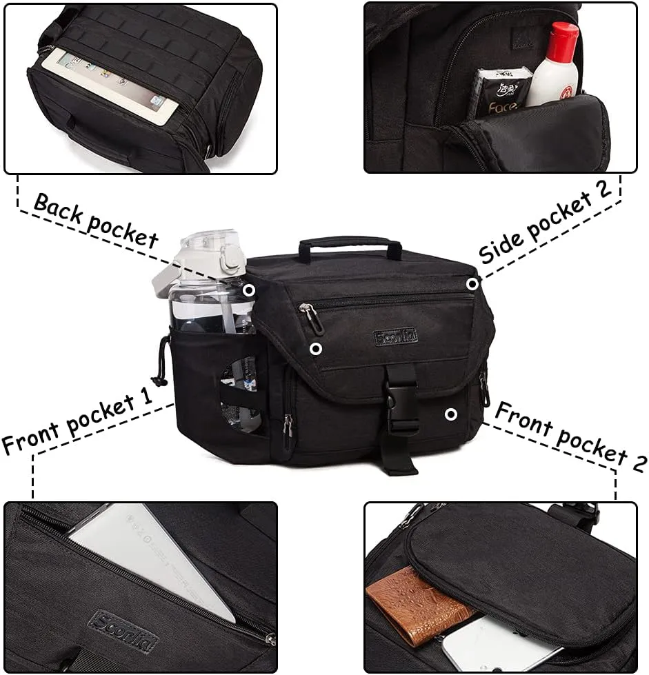 Scorlia Insulated Lunch Bag for Men/Women, Leakproof Lunch Box for Office Work Picnic Hiking Beach, Reusable Cooler Tote Bag with Adjustable Shoulder Strap and Large Water Bottle Holder - Black