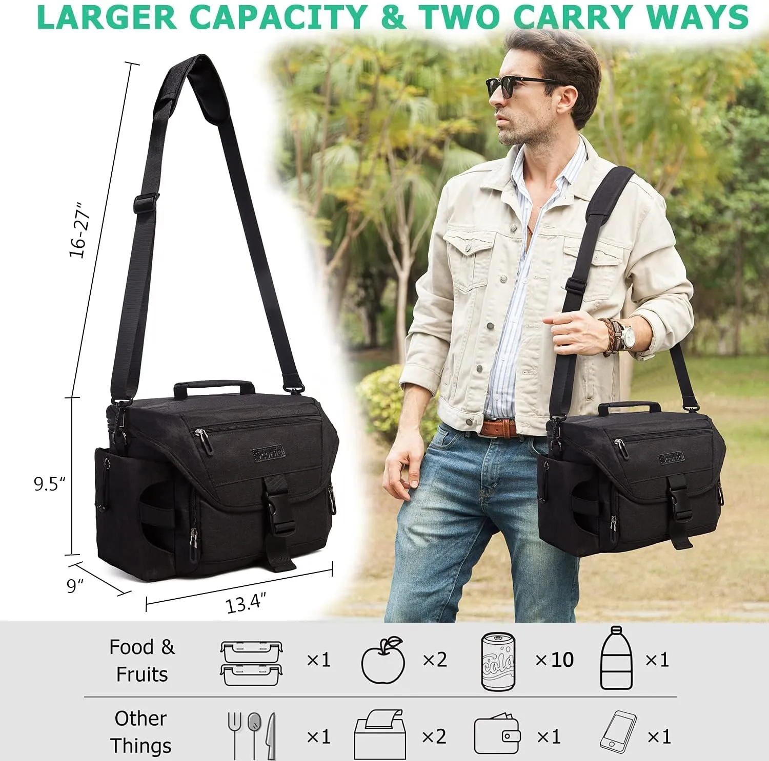 Scorlia Insulated Lunch Bag for Men/Women, Leakproof Lunch Box for Office Work Picnic Hiking Beach, Reusable Cooler Tote Bag with Adjustable Shoulder Strap and Large Water Bottle Holder - Black