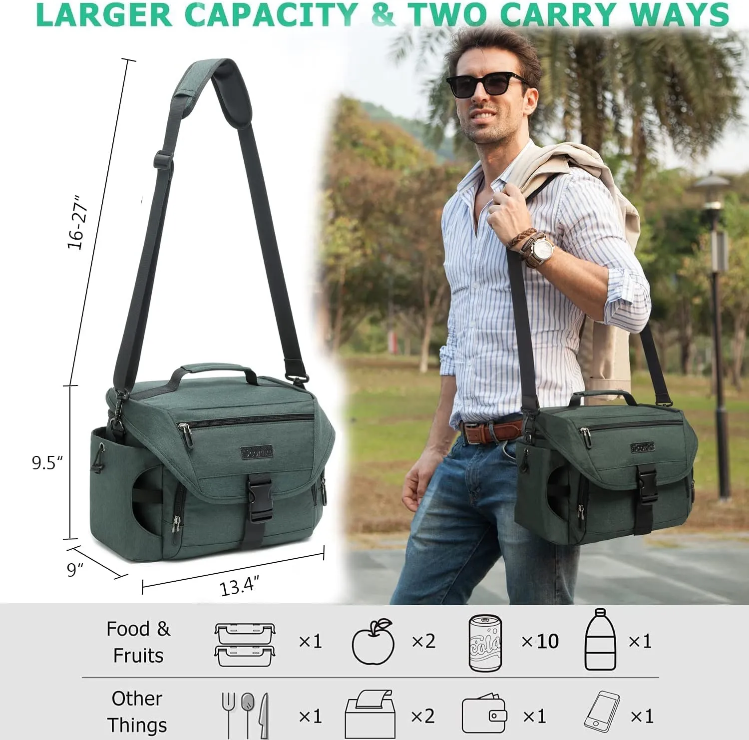 Scorlia Insulated Lunch Bag for Men/Women, Leakproof Lunch Box for Office Work Picnic Hiking Beach, Reusable Cooler Tote Bag with Adjustable Shoulder Strap and Large Water Bottle Holder - Green