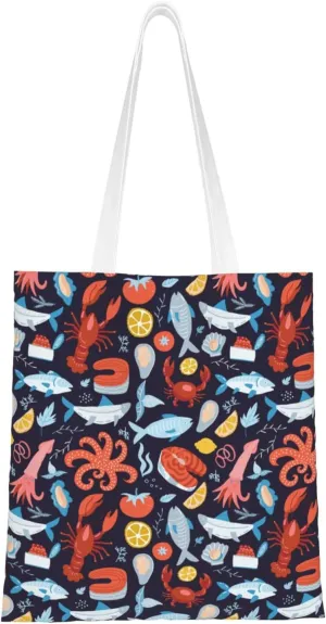 Seamless Seafood Map Tote Bag for Women Canvas Shopping Bags Reusable Beach Bag Grocery Bags Tote Shoulder Bag Gift Bags