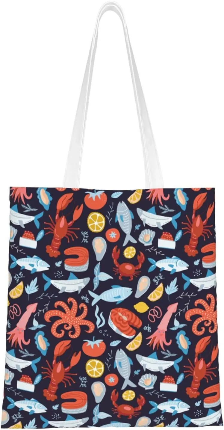 Seamless Seafood Map Tote Bag for Women Canvas Shopping Bags Reusable Beach Bag Grocery Bags Tote Shoulder Bag Gift Bags