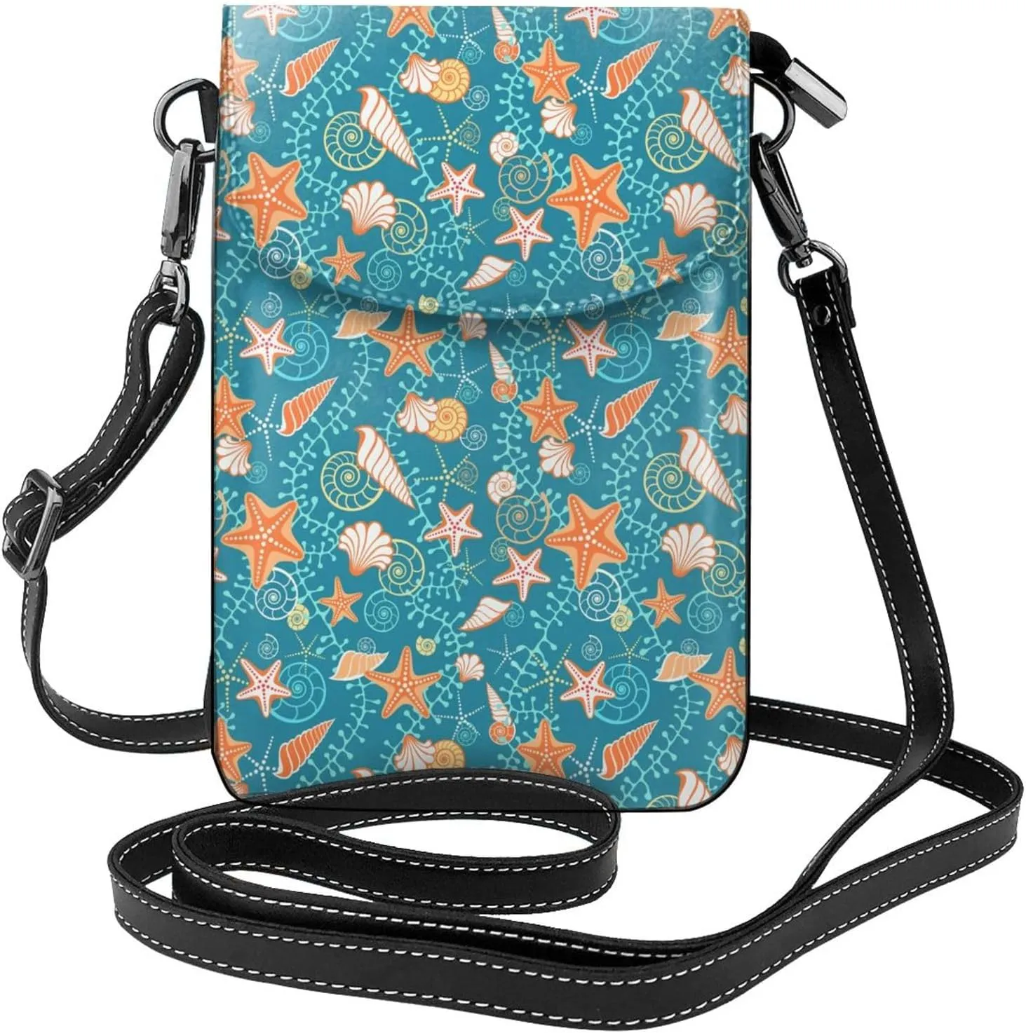 Seaweed Starfish Shells Crossbody Bag for Women PU Leather Small Travel Cell Phone Pouch Lightweight Mini Phone Purse Wallet Cross Body Shoulder Bags with Card Slots and Shoulder Strap