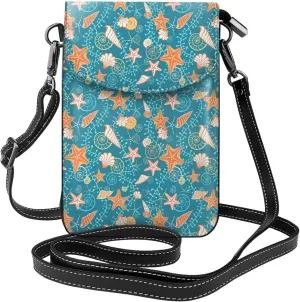 Seaweed Starfish Shells Crossbody Bag for Women PU Leather Small Travel Cell Phone Pouch Lightweight Mini Phone Purse Wallet Cross Body Shoulder Bags with Card Slots and Shoulder Strap