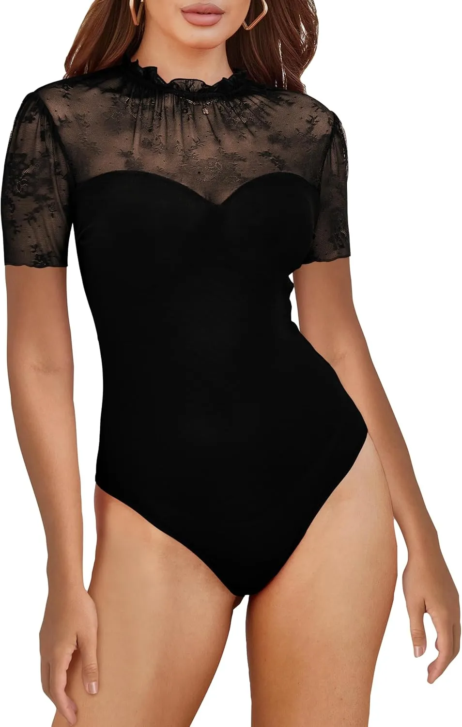 SEBOWEL Women Sexy Floral Lace Mesh Bodysuit Short Sleeve Sheer See Through Mesh Bodysuit Tops Going Out Tops Romper Clubwear