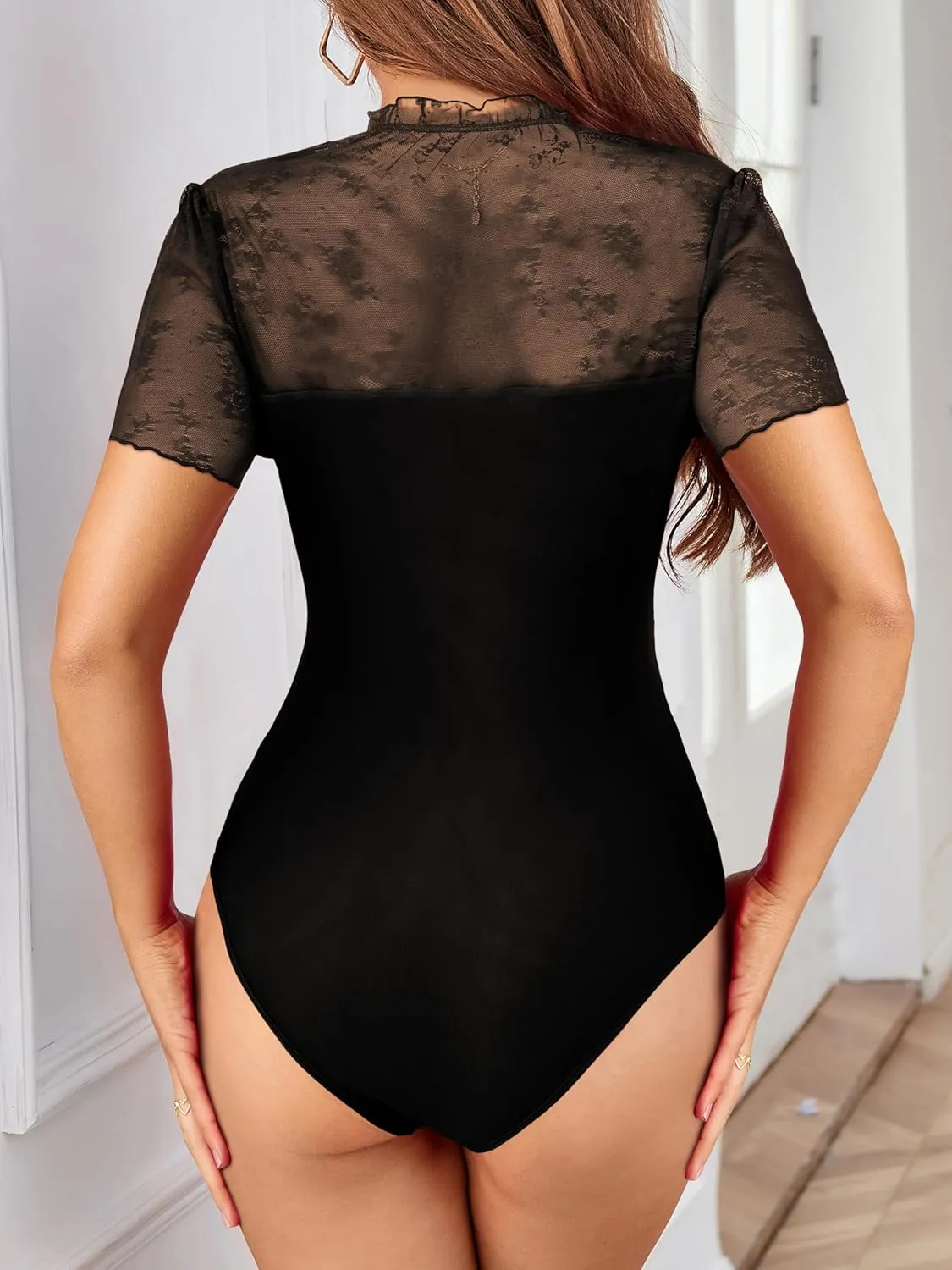 SEBOWEL Women Sexy Floral Lace Mesh Bodysuit Short Sleeve Sheer See Through Mesh Bodysuit Tops Going Out Tops Romper Clubwear