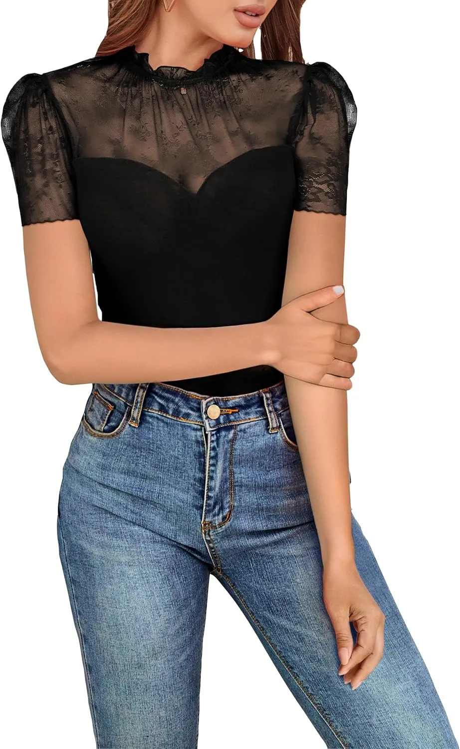 SEBOWEL Women Sexy Floral Lace Mesh Bodysuit Short Sleeve Sheer See Through Mesh Bodysuit Tops Going Out Tops Romper Clubwear