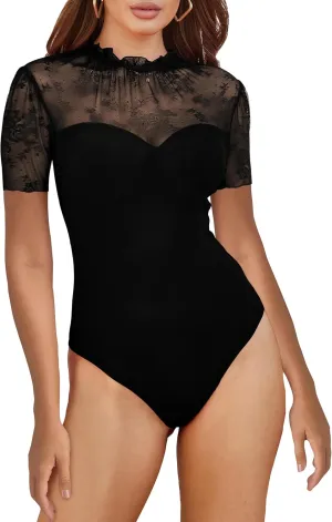 SEBOWEL Women Sexy Floral Lace Mesh Bodysuit Short Sleeve Sheer See Through Mesh Bodysuit Tops Going Out Tops Romper Clubwear