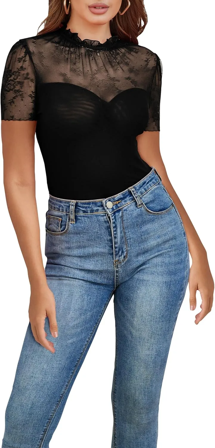 SEBOWEL Women Sexy Floral Lace Mesh Bodysuit Short Sleeve Sheer See Through Mesh Bodysuit Tops Going Out Tops Romper Clubwear