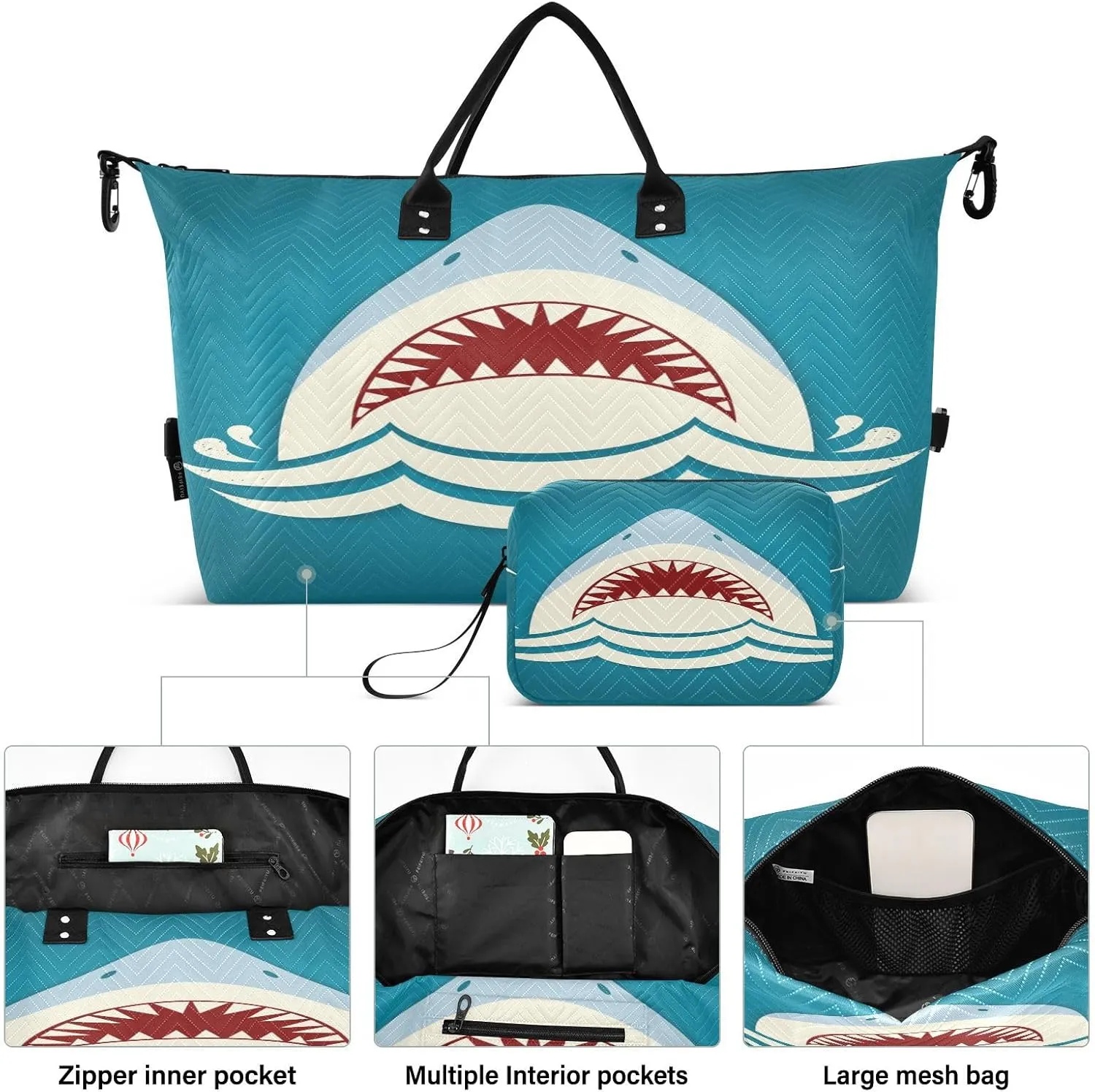 senya Travel Duffle Bag Weekender Bags Overnight Bag with Toiletry Bag Gym Duffel Bag Shark Tooth Jaws for Travel Business Trips Sport