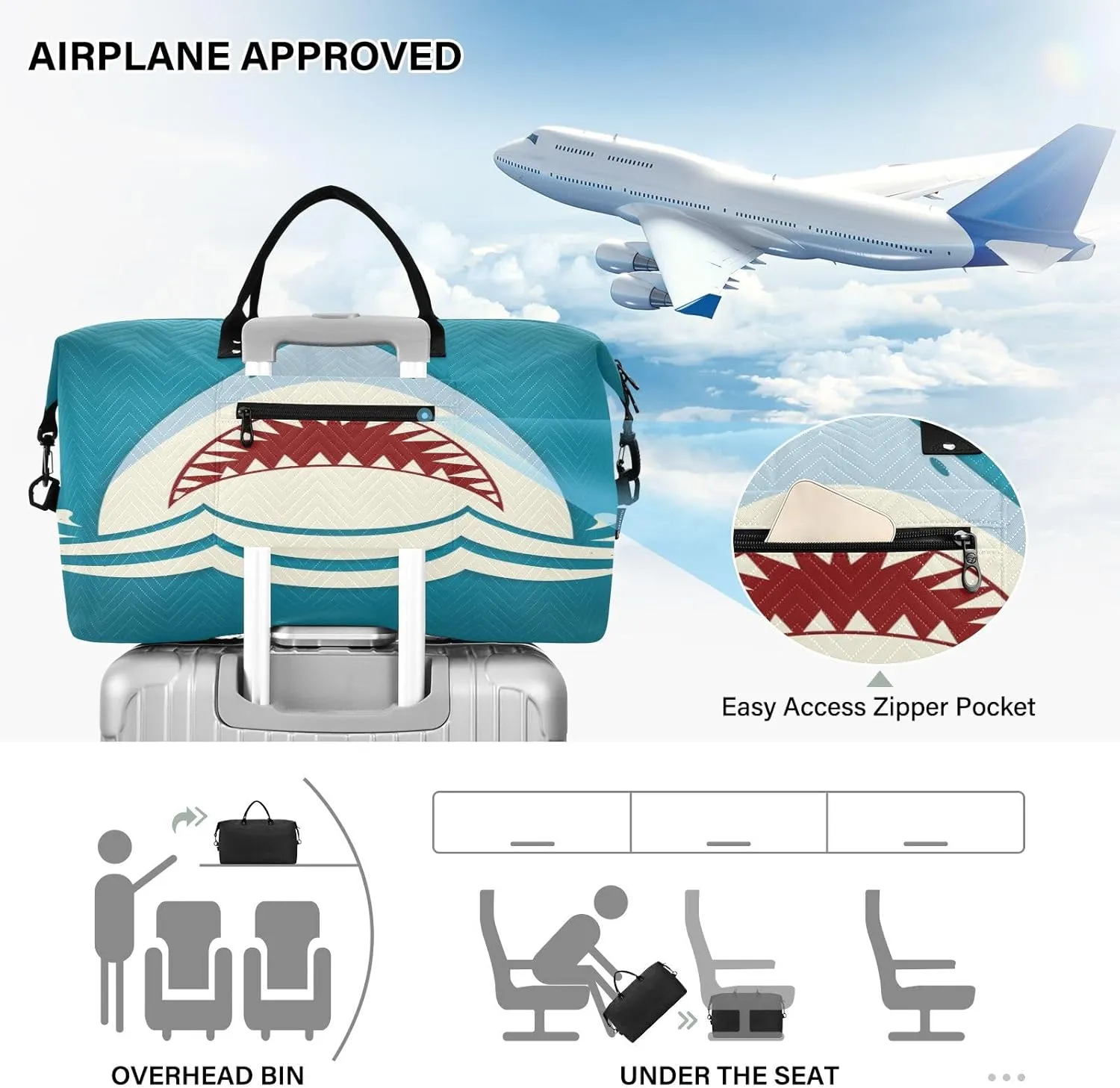 senya Travel Duffle Bag Weekender Bags Overnight Bag with Toiletry Bag Gym Duffel Bag Shark Tooth Jaws for Travel Business Trips Sport