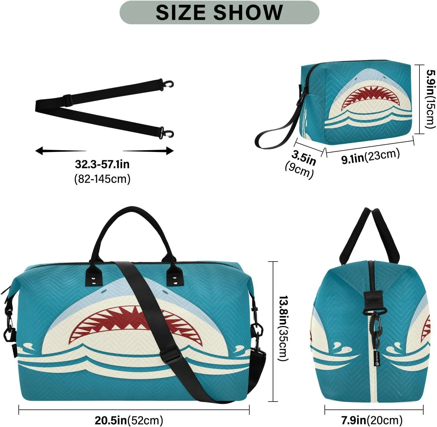 senya Travel Duffle Bag Weekender Bags Overnight Bag with Toiletry Bag Gym Duffel Bag Shark Tooth Jaws for Travel Business Trips Sport