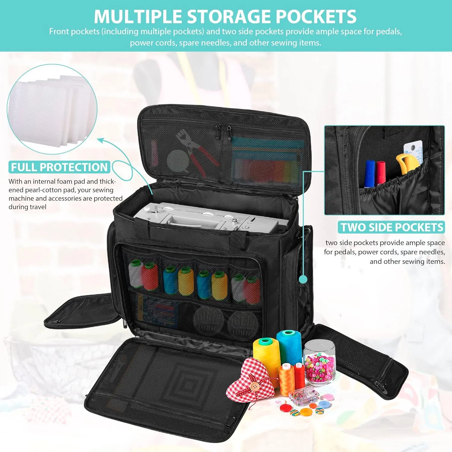 Sewing Machine Carrying Case with Multiple Storage Pockets for Accessories, Universal Tote Storage Bag