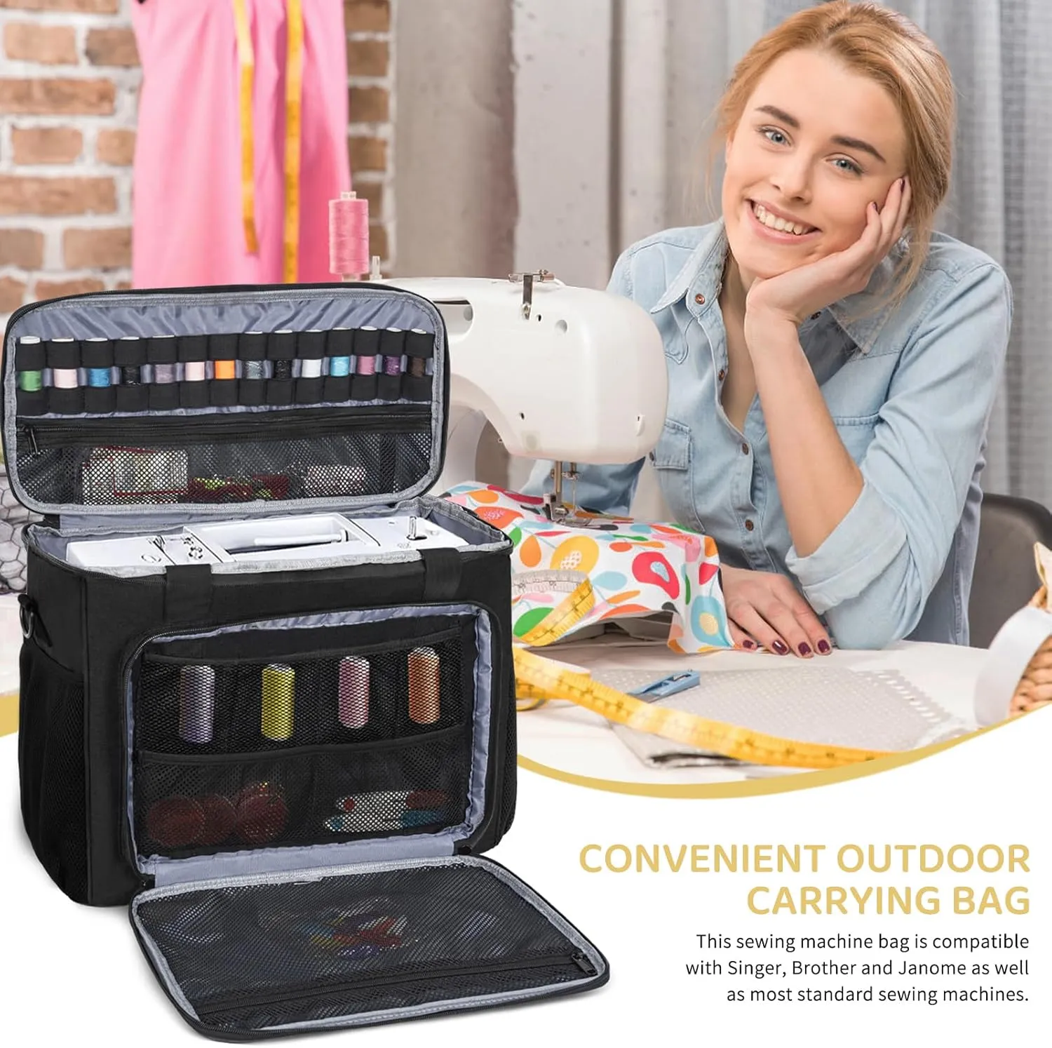 Sewing Machine Carrying Case with Multiple Storage Pockets for Accessories, Universal Tote Storage Bag