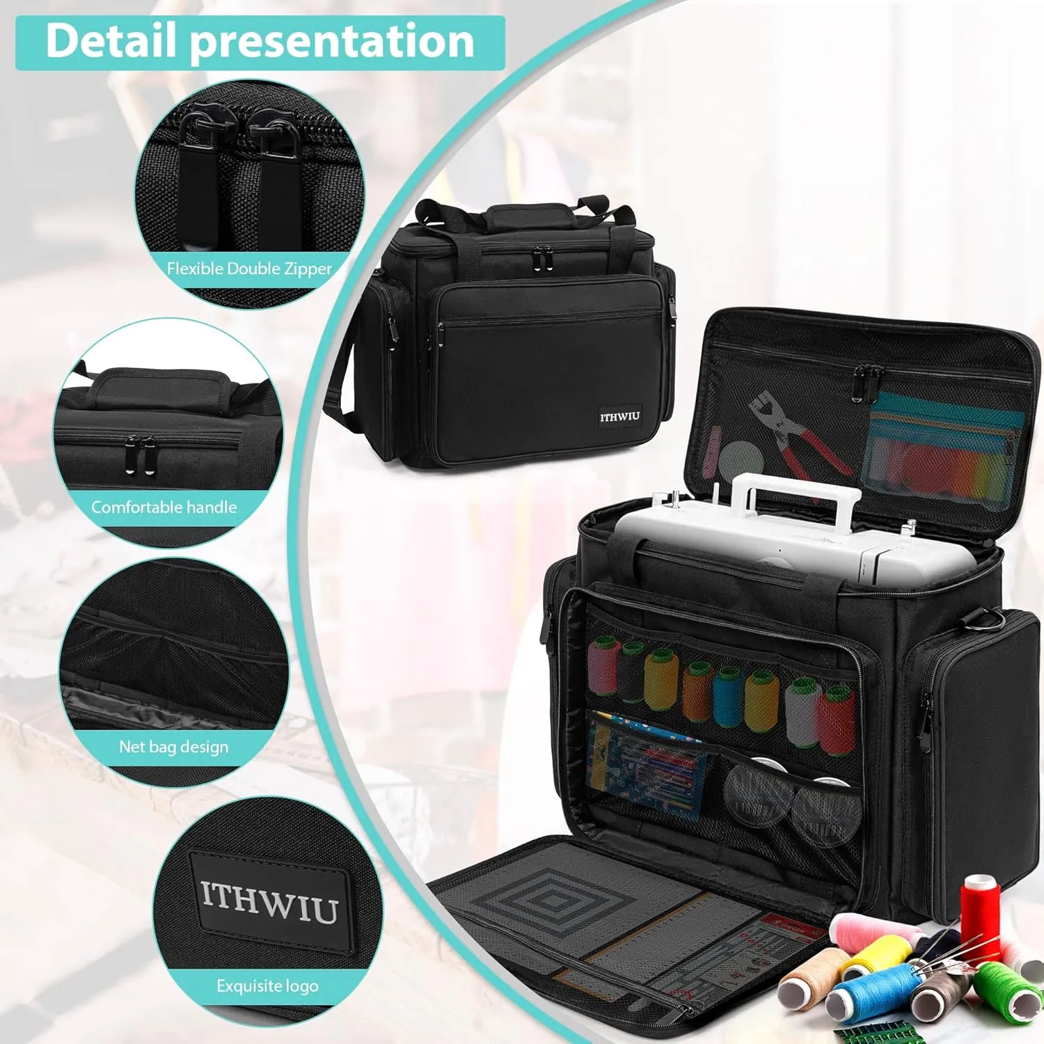 Sewing Machine Carrying Case with Multiple Storage Pockets for Accessories, Universal Tote Storage Bag