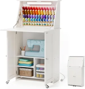 Sewing Table, Sewing Machine Desk with Under Cabinet Lights, Charging Station, 65 Spools Thread Rack Multipurpose Craft Storage Workspace Tables with Organizer Shelves, Compact Design