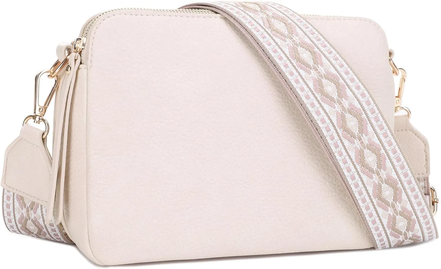 SG SUGU Triple Compartment Crossbody Bag for Women Trendy Vegan Leather Shoulder Bag with 2 inch Wide Guitar Strap