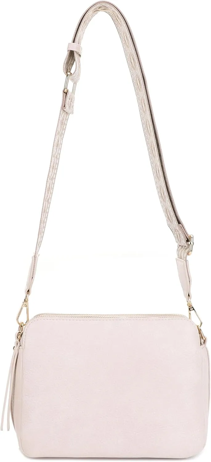 SG SUGU Triple Compartment Crossbody Bag for Women Trendy Vegan Leather Shoulder Bag with 2 inch Wide Guitar Strap