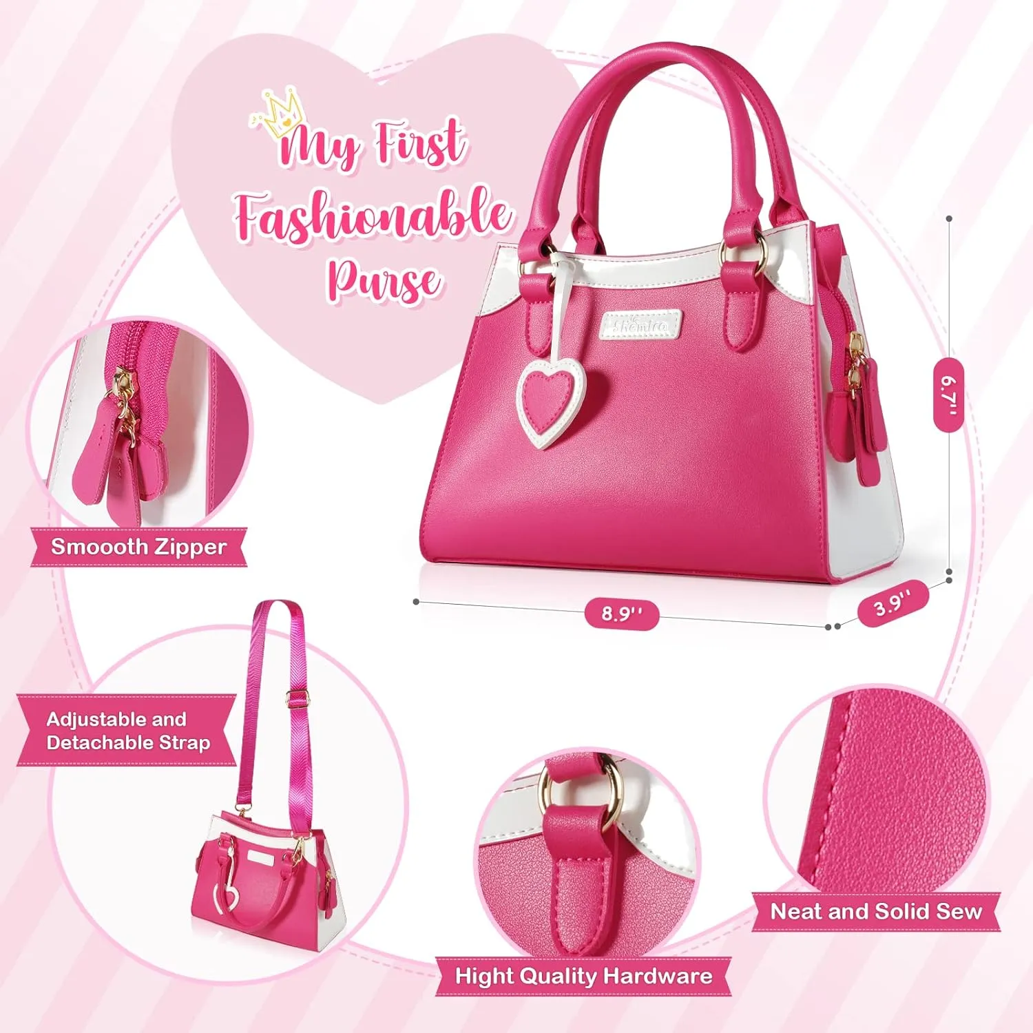 Shemira Play Purse for Little Girls, Princess Pretend Toys for Girls 3 4 5 6 7 8 Years Old, Christmas & Birthday Gift for Girls Age 3-5 4-6 6-8, Toddler Purse with Accessories, Kids Toy Purse,Pink