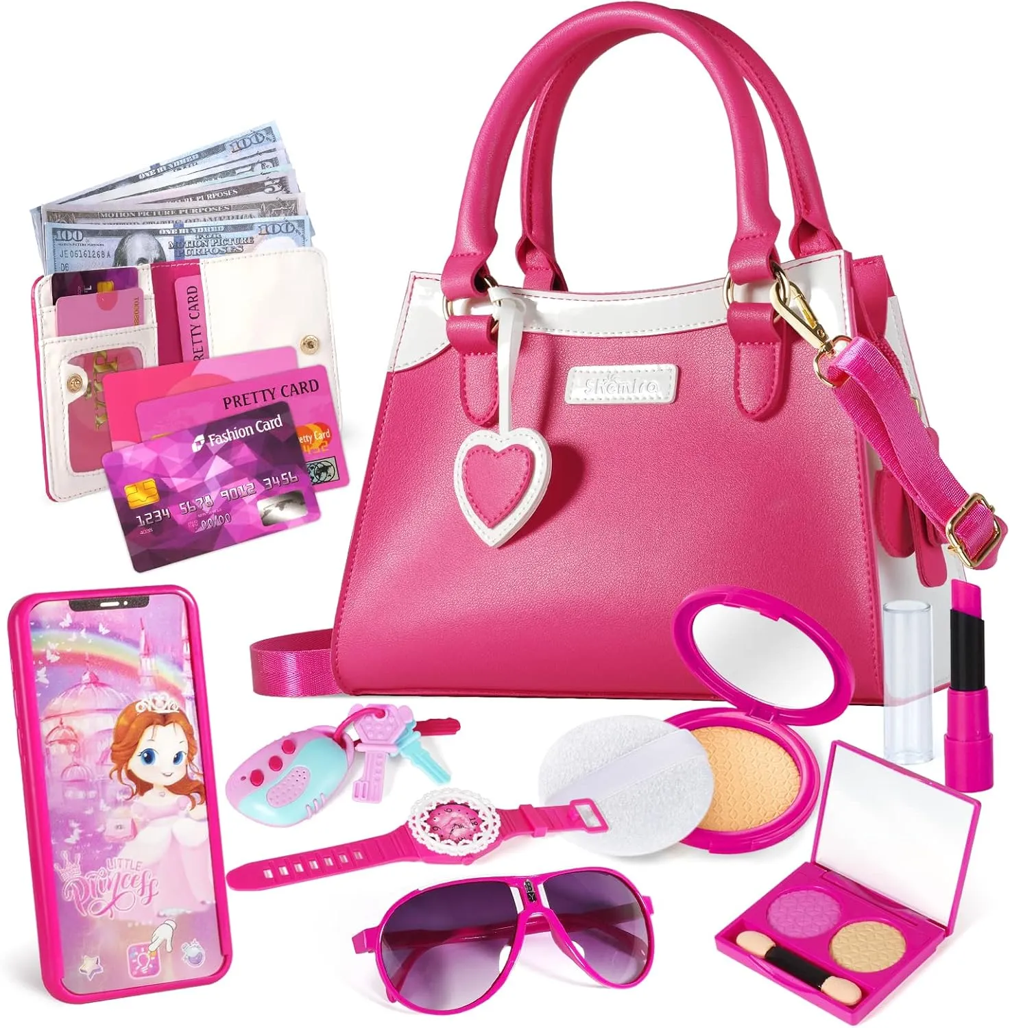 Shemira Play Purse for Little Girls, Princess Pretend Toys for Girls 3 4 5 6 7 8 Years Old, Christmas & Birthday Gift for Girls Age 3-5 4-6 6-8, Toddler Purse with Accessories, Kids Toy Purse,Pink