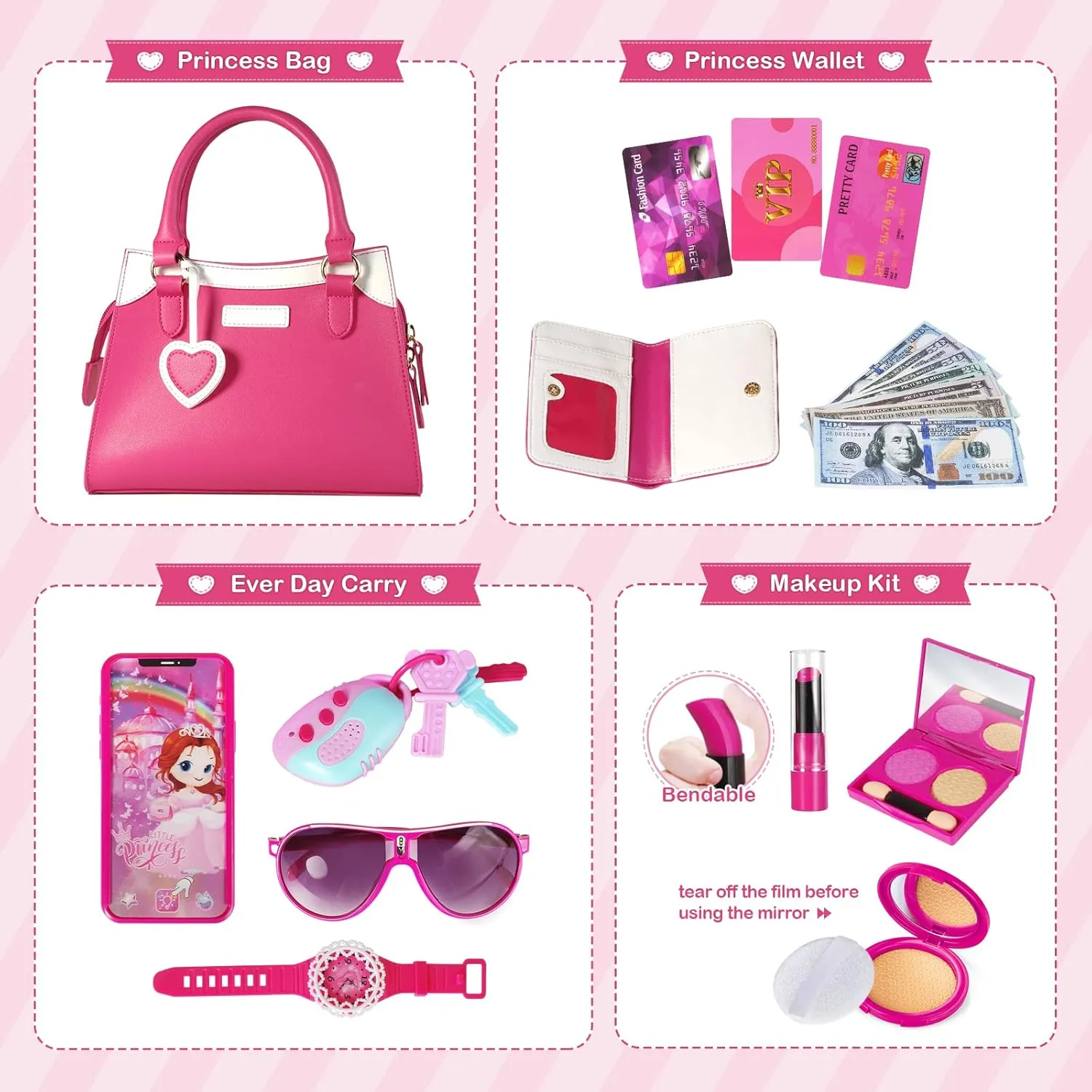 Shemira Play Purse for Little Girls, Princess Pretend Toys for Girls 3 4 5 6 7 8 Years Old, Christmas & Birthday Gift for Girls Age 3-5 4-6 6-8, Toddler Purse with Accessories, Kids Toy Purse,Pink