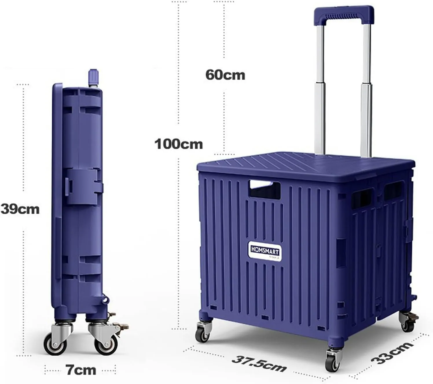 Shopping Trolley Box on Wheels, Plastic Book Trolley Secure Lid 50kg Loading 65L Capacity Collapsible climbing stairs Grocery Bags for Shopping, Moving, Storage, Office T (Blue 45L)