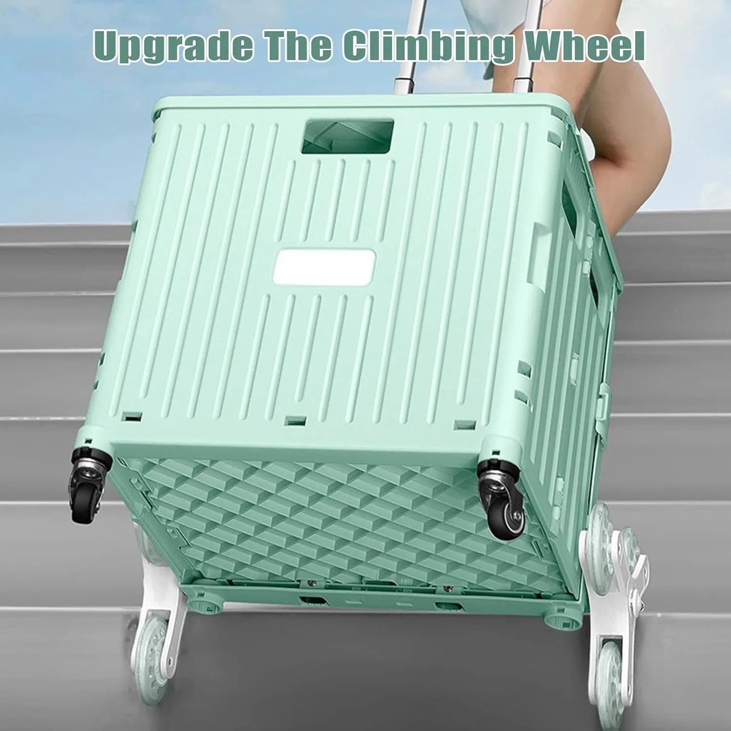 Shopping Trolley Box on Wheels, Plastic Book Trolley Secure Lid 50kg Loading 65L Capacity Collapsible climbing stairs Grocery Bags for Shopping, Moving, Storage, Office T (Blue 45L)