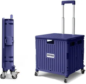 Shopping Trolley Box on Wheels, Plastic Book Trolley Secure Lid 50kg Loading 65L Capacity Collapsible climbing stairs Grocery Bags for Shopping, Moving, Storage, Office T (Blue 45L)