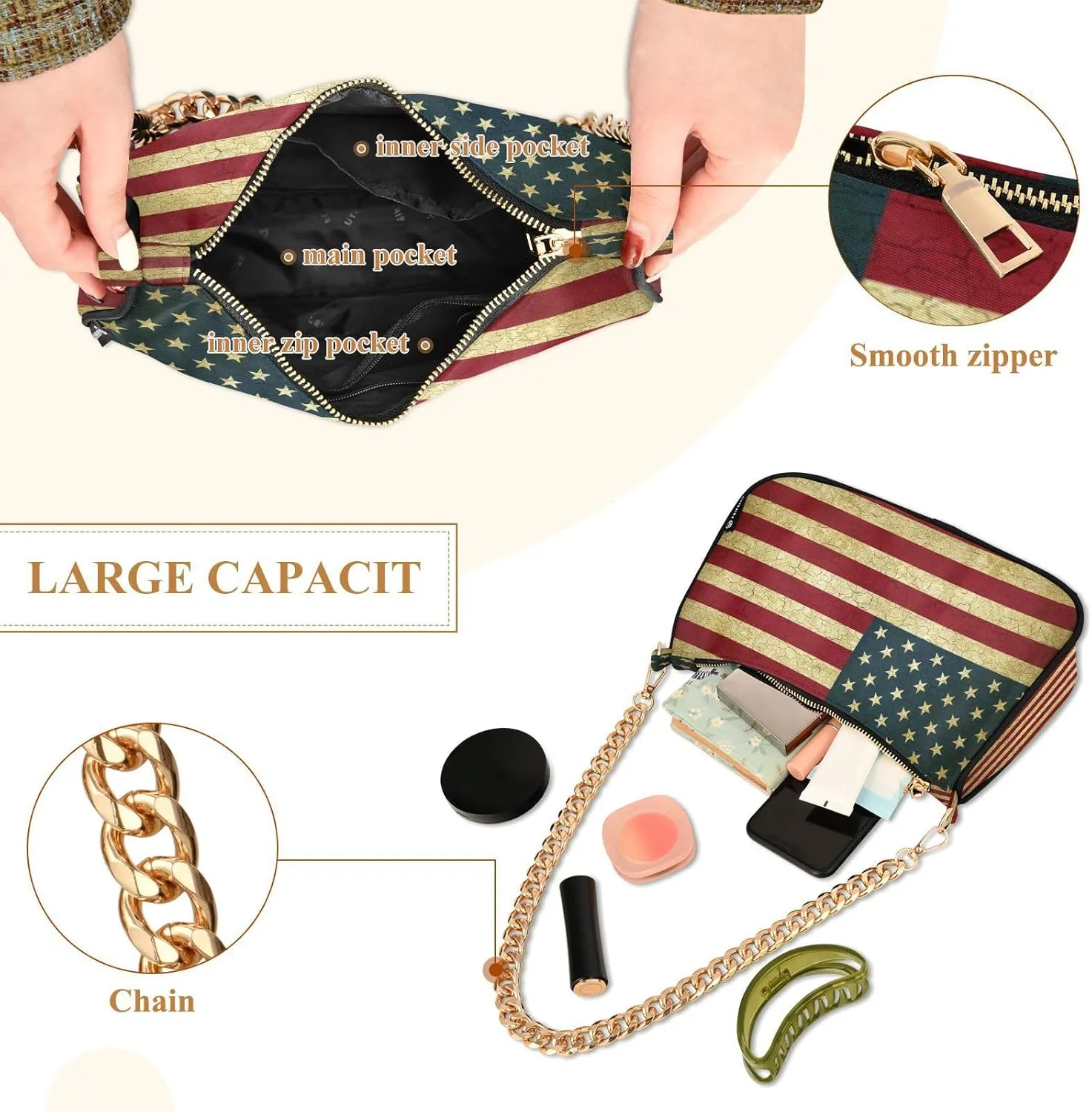 Shoulder Bags for Women American US Flag Independence Day Patriotic Hobo Tote Handbag Small Clutch Purse with Zipper Closure