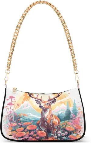 Shoulder Bags for Women Spring Deer with Pink Flowers Hobo Tote Handbag Small Clutch Purse with Zipper Closure