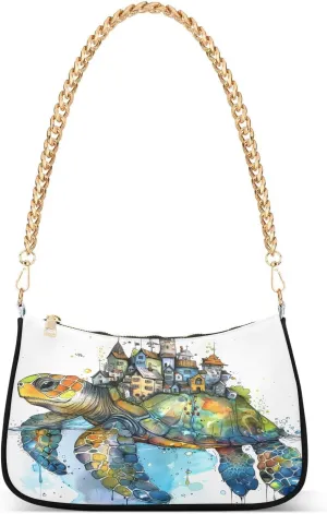 Shoulder Bags for Women Turtle with Village on Back Hobo Tote Handbag Small Clutch Purse with Zipper Closure